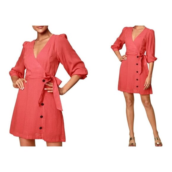 Lulus Women's Faux Wrap Dress Red Puffed Sleeve Button Accents Tie Size S - Picture 1 of 14